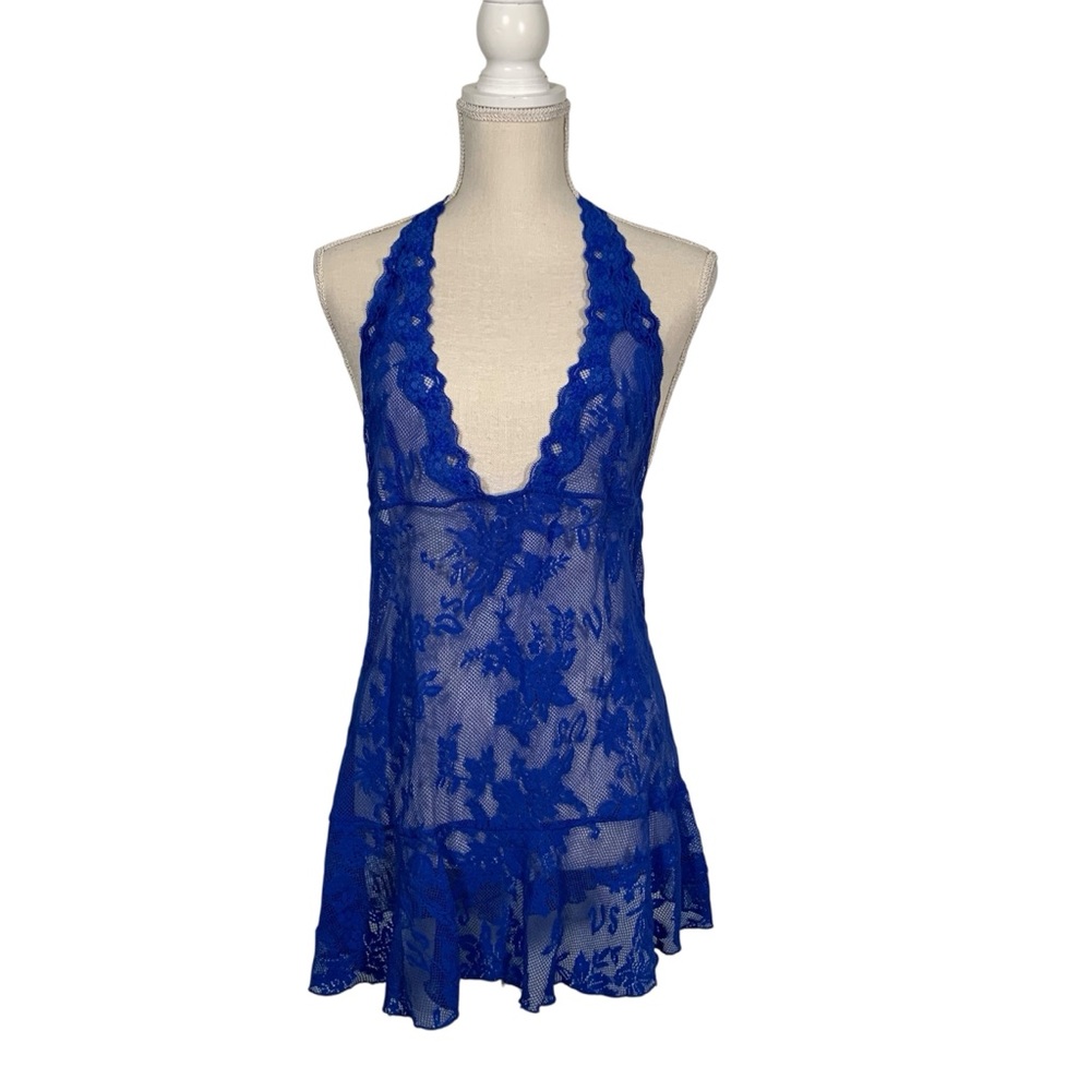 2014 Victoria's Secret Halter Style Blue Sheer Lace Floral Chemise Sexy Size XL